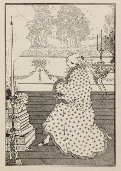 Modlitwa barona. Z „Gwałtu na zamek”. z książki pięćdziesiąt rysunków autorstwa Aubrey Beardsley