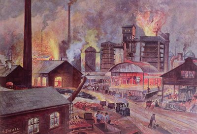Fabryka z wielkim piecem, z serii książek H. Kraemera o LUnivers et lHumanite, wydanej w Paryżu pod koniec XIX wieku (kolororyt) autorstwa August Dressel