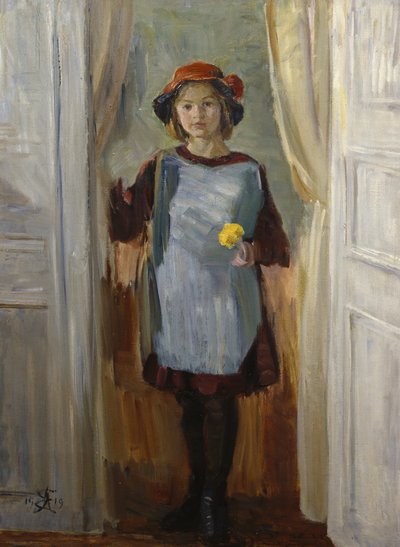 Dziewczyna w drzwiach (Maria Eiebakke) 1918 (olej na płótnie) autorstwa August Eiebakke