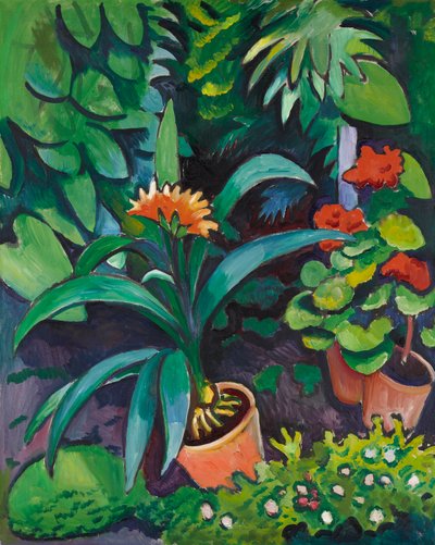 Kwiaty w ogrodzie, kliwie i pelargonie autorstwa August Macke