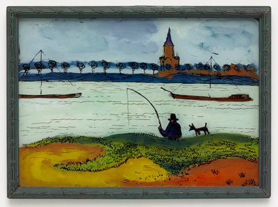 Krajobraz rzeki z wędkarzami autorstwa August Macke