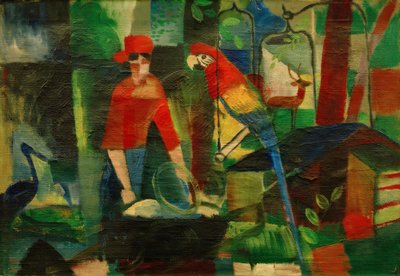 Kobieta z papugą w krajobrazie autorstwa August Macke