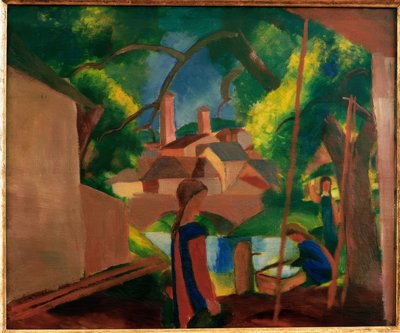 Dzieci przy fontannie z miastem w tle autorstwa August Macke