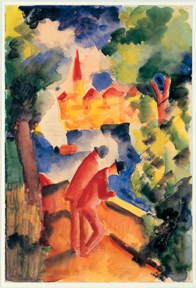 Dwóch mężczyzn ramię na poręczy z widokiem na jezioro 1914 (akwarela) autorstwa August Macke