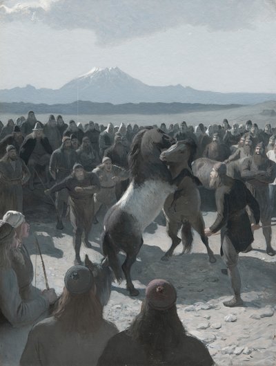 Historia spalonego Njálla: Walka konna w Hliðarendi, lata 80. XIX wieku. autorstwa August Malmström