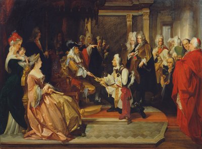 Cesarz Karol VI wręcza księciu Eugeniuszowi honorowy miecz po bitwie pod Belgradem, 1865 r. autorstwa August Wenzel Mantler