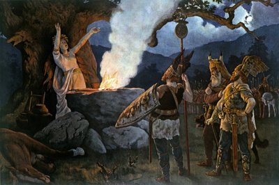 Wojownicy celtyccy konsultują się z kapłanką. Obraz Augustusa Dieffenbachera. autorstwa August Wilhelm Dieffenbacher