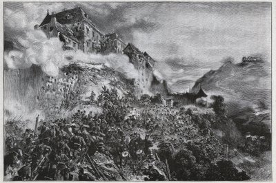 Rewolucja węgierska 1848-1849: węgierscy buntownicy szturmują zamek Buda (Piec) 21 maja 1849 - wg litografii Augusta von Pettenkofera autorstwa August Xaver Karl von Pettenkofen