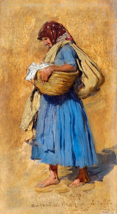 Rolnicza żona dmuchająca w nos - Obraz Augusta Rittera von Pettenkofena (1821-1889), olej na drewnie (15,4x8,4 cm), ok. 1871-1874 - Leopold Museum, Wiedeń (Austria) autorstwa August Xaver Karl von Pettenkofen