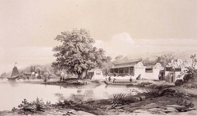 Dom Mandaryna nad kanałem Makao-Kanton, tablica 20 ze „Szkiców Chin”, rytowany przez Eugene Ciceri (1813-90) 1842 (podbarwiony lit) autorstwa Auguste (after) Borget