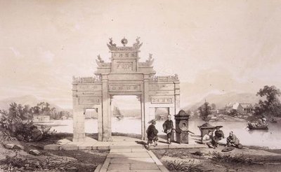 Łuk Triumfalny nad Kanałem Makao-Kanton, tablica 19 ze „Sketches of China”, rytowana przez Eugene’a Ciceri (1813-90) 1842 (podbarwiony lit) autorstwa Auguste (after) Borget