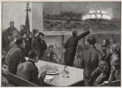 Spotkanie na strajk w Vooruit w 1885 - grawerowanie w 1885 „Le monde illustrious” - rysunek Gerardina autorstwa Auguste (after) Gerardin