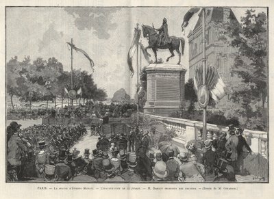 Paryż - - Przemówienie pana Darlota podczas inauguracji 15 lipca 1888 r. w Hotel de Ville de Paris pomnika Etienne Marcela - Rysunek Gerardina w „The Illustrous World” z 1888 autorstwa Auguste (after) Gerardin