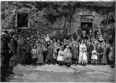 Victor Hugo (1802-1885) z biednymi dziećmi z Veules en Caux (Veules-en-Caux), którym wystawił bankiet w dniu 24 września 1882 r. Grawerowanie autorstwa Gerardina w „” Le Monde Illustré” nr 1333 z 14 Październik 1882. autorstwa Auguste (after) Gerardin