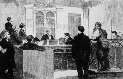 Sala sądu policyjnego przy Bow Street w Londynie w 1884 r. (rycina) autorstwa Auguste Andre Lancon