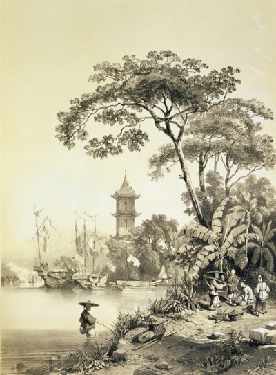 Pagoda na kanale Macao-Canton, tablica 21 z "Szkiców z Chin", wyryta przez Eugene Ciceri (1813-90) 1842 (litografia barwiona) autorstwa Auguste Borget
