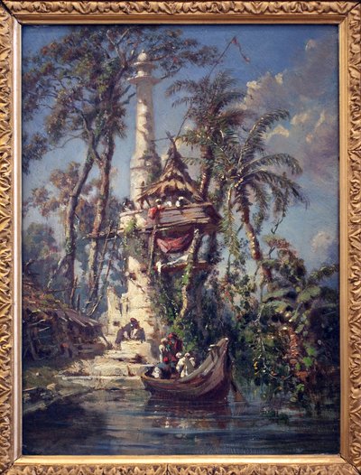 Obserwatorium nad brzegiem rzeki Hoogly (Bengal, Indie). Obraz Auguste Borget (1808-1877), olej na drewnie mahoniowym autorstwa Auguste Borget