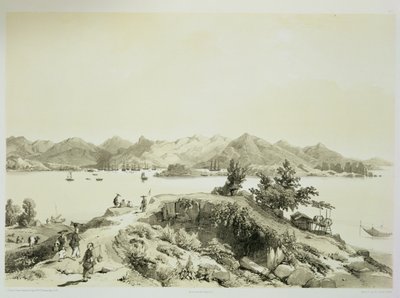 Zatoka i wyspa Hongkongu, tablica 4 ze „Szkiców Chin”, rytowana przez Eugene Ciceri (1813-90) 1842 (podbarwiony lit) autorstwa Auguste Borget