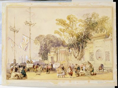 Village Square w Zatoce Hongkongu, tablica 5 ze „Szkiców Chin”, rytowany przez Eugene Ciceri (1813-90) 1842 (podbarwiony lit) autorstwa Auguste Borget