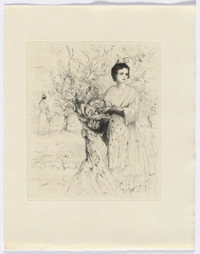 Frédéric Mistral: Mémoires et Recits Frédérica Mistrala: kobieta na zewnątrz z koszem kwiatów (wstawka po s. 192) autorstwa Auguste Brouet