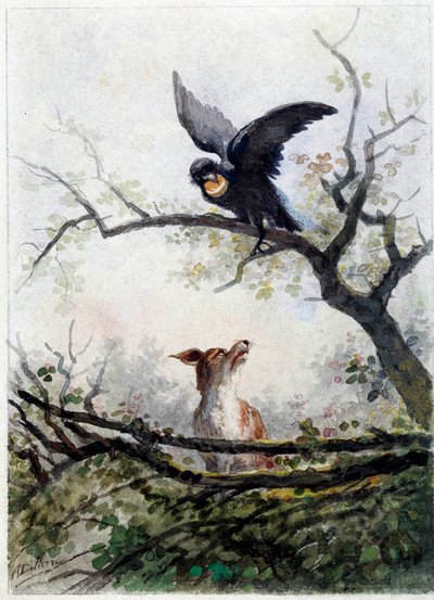 Lis i krowa. Ilustracja bajki Jeana de La Fontaine (1621-1695) autorstwa Auguste Delierre