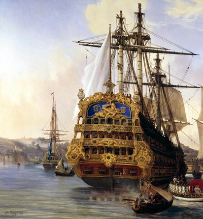 Statek „le foudroyant” w porcie w Brześciu w 1724 roku” Detal. obraz Auguste Mayera (1805-1890) 1724 Brześć, Muzeum Sztuk Pięknych - Statek „Le Foudroyant””” w porcie Brześć autorstwa Auguste Etienne Francois Mayer