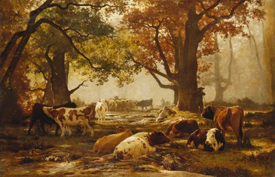 Bydło w zalesionym krajobrazie rzecznym, autorstwa Auguste Francois Bonheur