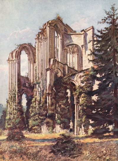 Francja: Opactwo Saint-Wandrille (kolorowa litografia) autorstwa Auguste Gerardin