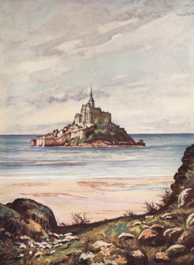 Francja: Mont Saint-Michel (kolorowa litografia) autorstwa Auguste Gerardin