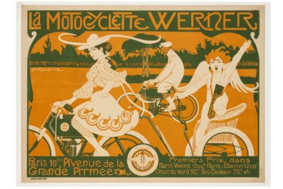 Motocykl Werner. Paryż, 10 Avenue de la Grande Armée. Pierwsze miejsce w wyścigu Paryż-Wiedeń 1500 km, Paryż-Berlin 1200 km. autorstwa Auguste Jean Baptiste Roubille