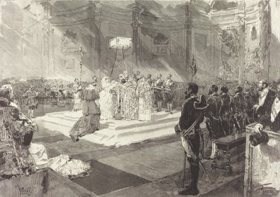 Królewski chrzest na dworze hiszpańskim, 1882 r. autorstwa Auguste Lepere