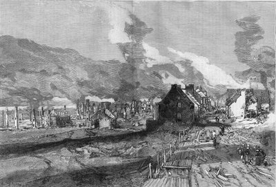 Widok ruin miasta Quebec (Kanada) po pożarze w czerwcu 1881 r. Grawer Lepere w „Świat ilustrowany” nr 1267 z 9 lipca autorstwa Auguste Lepere