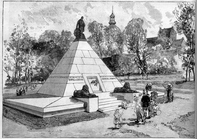 Widok na pomnik wzniesiony ku czci francuskiego egiptologa Auguste-Edouarda (Auguste Edouard) Mariette (1821-1881) w Boulogne sur Mer (Boulogne-sur-Mer), Pas de Calais (62). Grawer Lepere w „Le Monde Illustre” nr 1322 z 29 lipca 1882 r. autorstwa Auguste Lepere