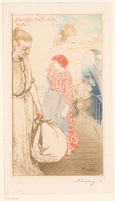 Praczki na schodach wzdłuż Sekwany Jeunesse passe vite vertu! (tytuł na obiekcie) autorstwa Auguste Lepère (signed by artist)