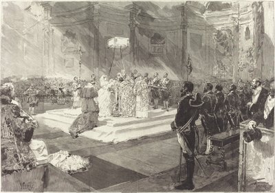Królewski chrzest na dworze Hiszpanii autorstwa Auguste Lepère after Daniel Vierge