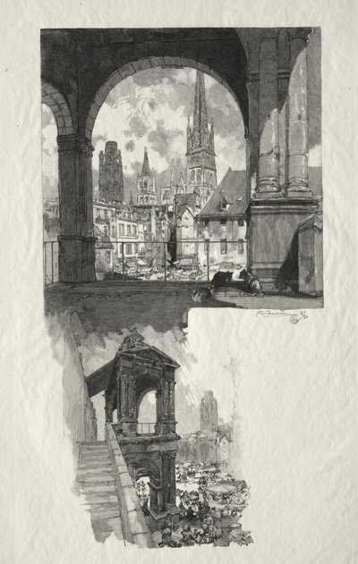 Ilustrowany Rouen: Wycieczka po Place de la Haute Vieille; Edykuł Dumy autorstwa Auguste Louis Lepère