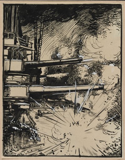 Bomba eksplodująca na kirysie z wycelowanymi armatami, 1914. autorstwa Auguste Louis Lepère