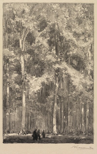 Las Fontainebleau: Poranek, Skrzyżowanie Szlaku Fortów Marlotte (La Forêt de Fontainebleau: Le Matin, Carrefour des Fort de Marlotte) autorstwa Auguste Louis Lepère