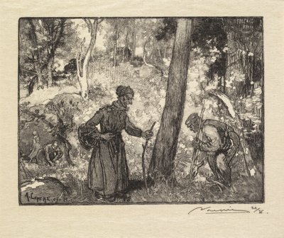 Las Fontainebleau: Łowcy grzybów w Rocher Bernard La Forêt de Fontainebleau..., 1890. autorstwa Auguste Louis Lepère