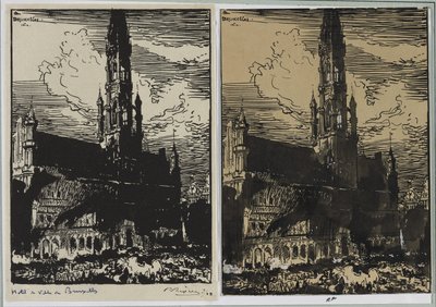 Ratusz w Brukseli w ogniu autorstwa Auguste Louis Lepère