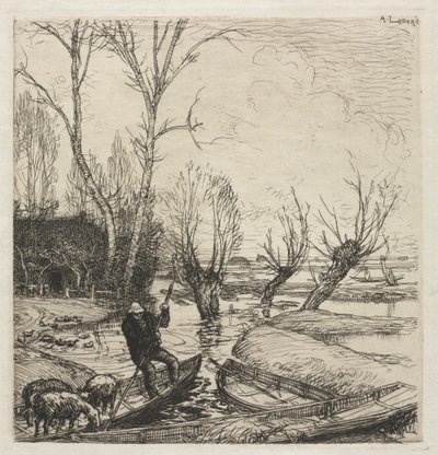 [Człowiek w łodzi z trzema owcami]. autorstwa Auguste Louis Lepère