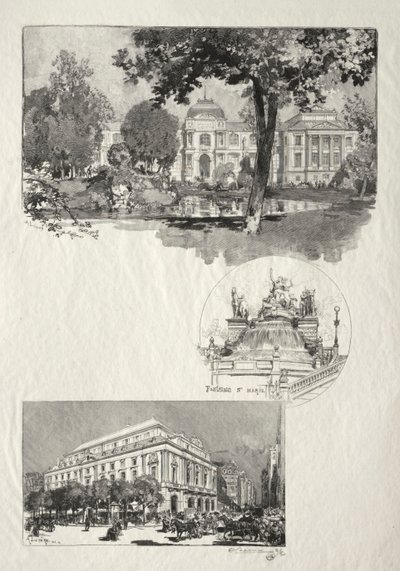 Ilustrowany Rouen: Muzeum; Fontanna Mariacka; Teatr Sztuki autorstwa Auguste Louis Lepère