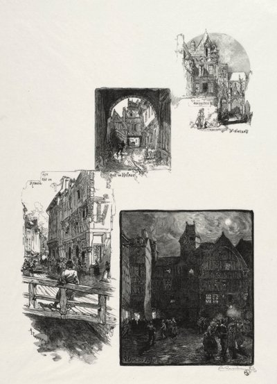 Ilustrowany Rouen: Rue des Charretes; Ulica Halage; Rue Eau de Robec; Plac Sztuki autorstwa Auguste Louis Lepère