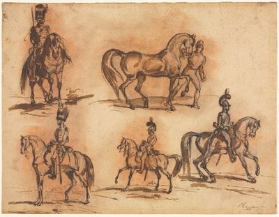 Pięć studiów jeździeckich: kawalerzyści, połowa XIX wieku. autorstwa Auguste Raffet