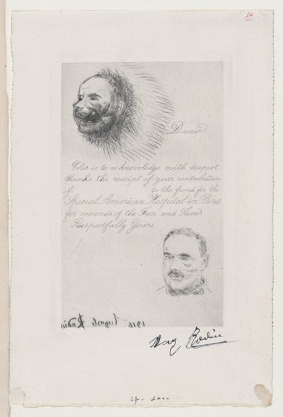 Potwierdzenie wpłaty do Specjalnego Szpitala Amerykańskiego w Paryżu za Rany Twarzy i ..., 1916. autorstwa Auguste Rodin