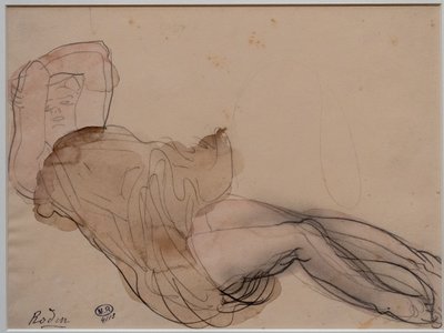 Leżąca, półnaga kobieta z rękami skrzyżowanymi za głową autorstwa Auguste Rodin