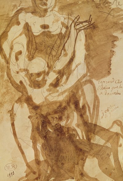 Dwie postacie (studium przygotowawcze do „Wrót piekieł”) (mycie ołówkiem i tuszem na papierze) autorstwa Auguste Rodin