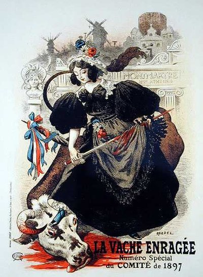 Reprodukcja plakatu reklamującego „Wściekłą krowę”, numer specjalny Komitetu z 1897 r autorstwa Auguste Roedel
