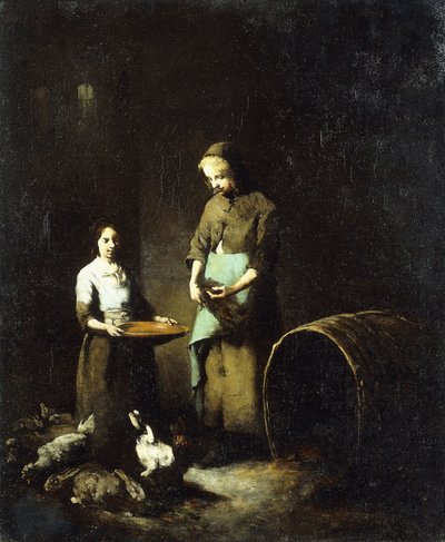 Młode chłopskie dziewczęta karmiące zwierzęta podwórkowe, autorstwa Auguste Theodule Ribot