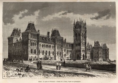 Pałac Parlamentu w Ottawie, wybudowany w latach 1859-1876, rytowany według rysunku A.Deroy, ilustrującego wyprawę do Kanady i Czerwoną Rzeką Północy, autorstwa H. De Lamotte w 1873 r., opublikowany w „”Le tour du monde””” 1875, pod redakcją Edouarda autorstwa Auguste Victor Deroy
